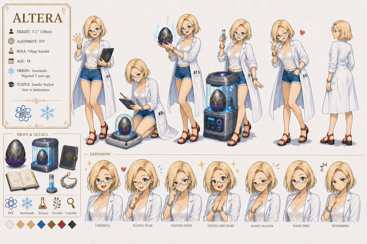 Altera character reference sheet with lab coat, silky camisole, incubator, Snowlands motifs, and expression studies