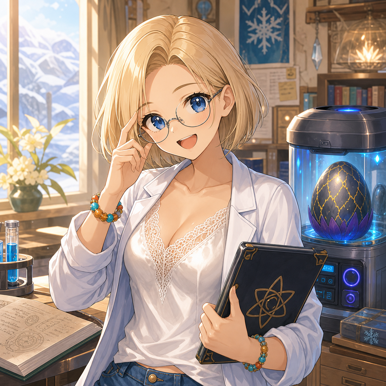 Altera smiling warmly in a Jankenmura lab with glasses and a protected egg incubator