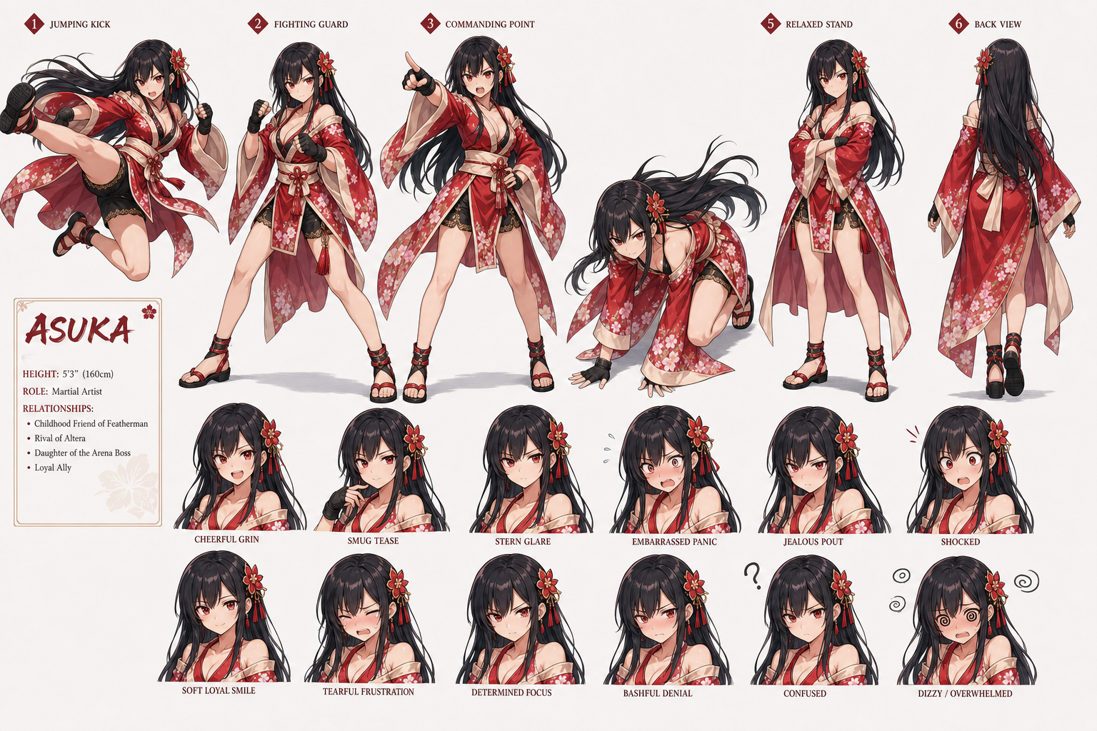 Asuka character reference sheet with martial arts poses, red floral outfit, and expression studies