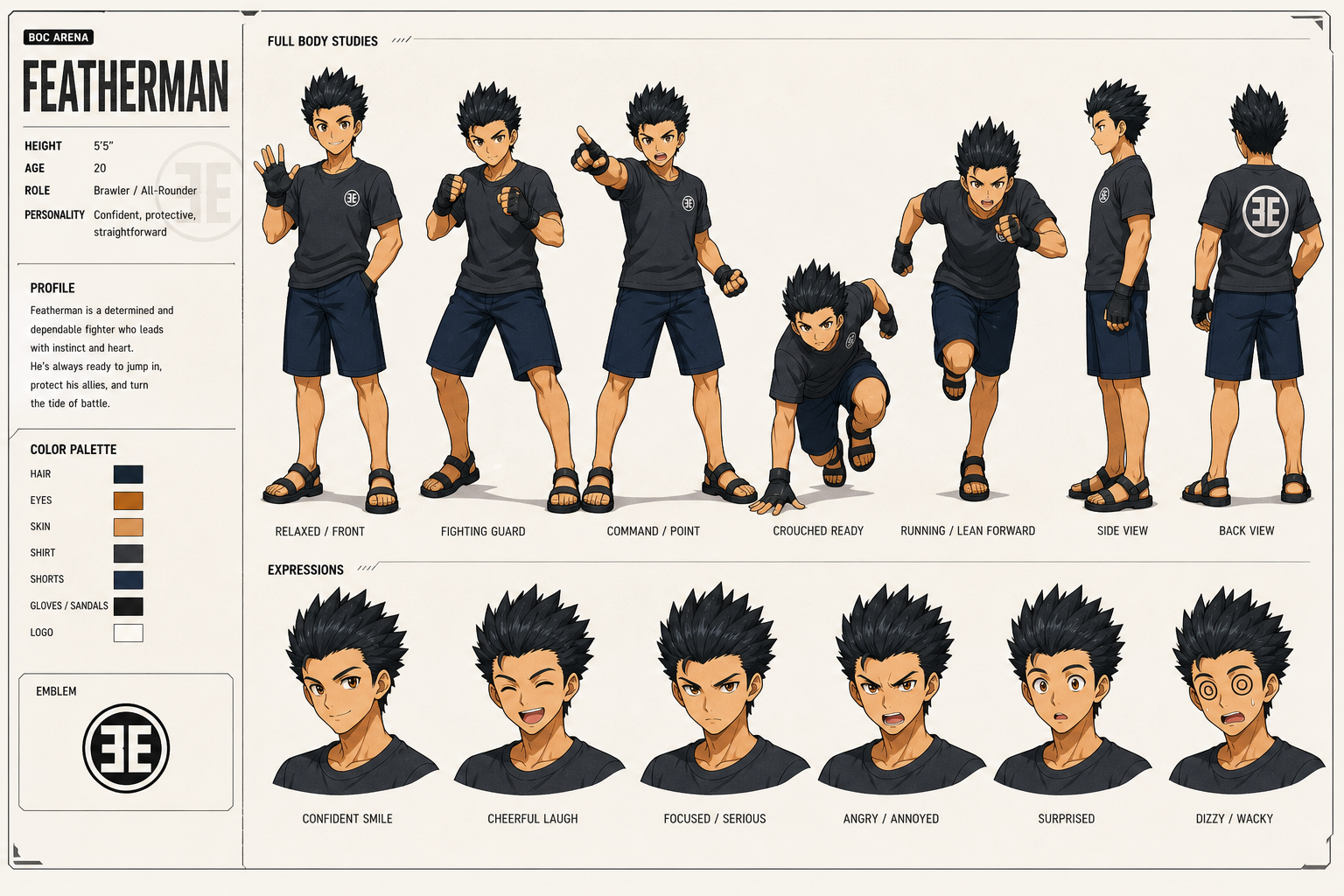 Featherman character reference sheet with spiky hair, hand wraps, athletic training gear, and expression studies