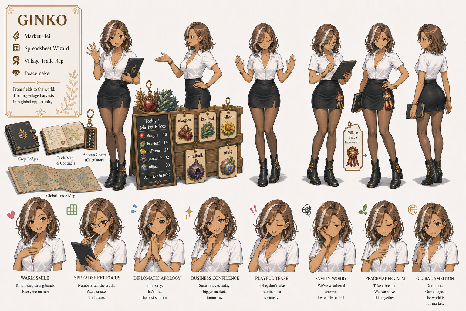 Ginko character reference sheet with market heir poses, crop ledgers, trade maps, and expression studies