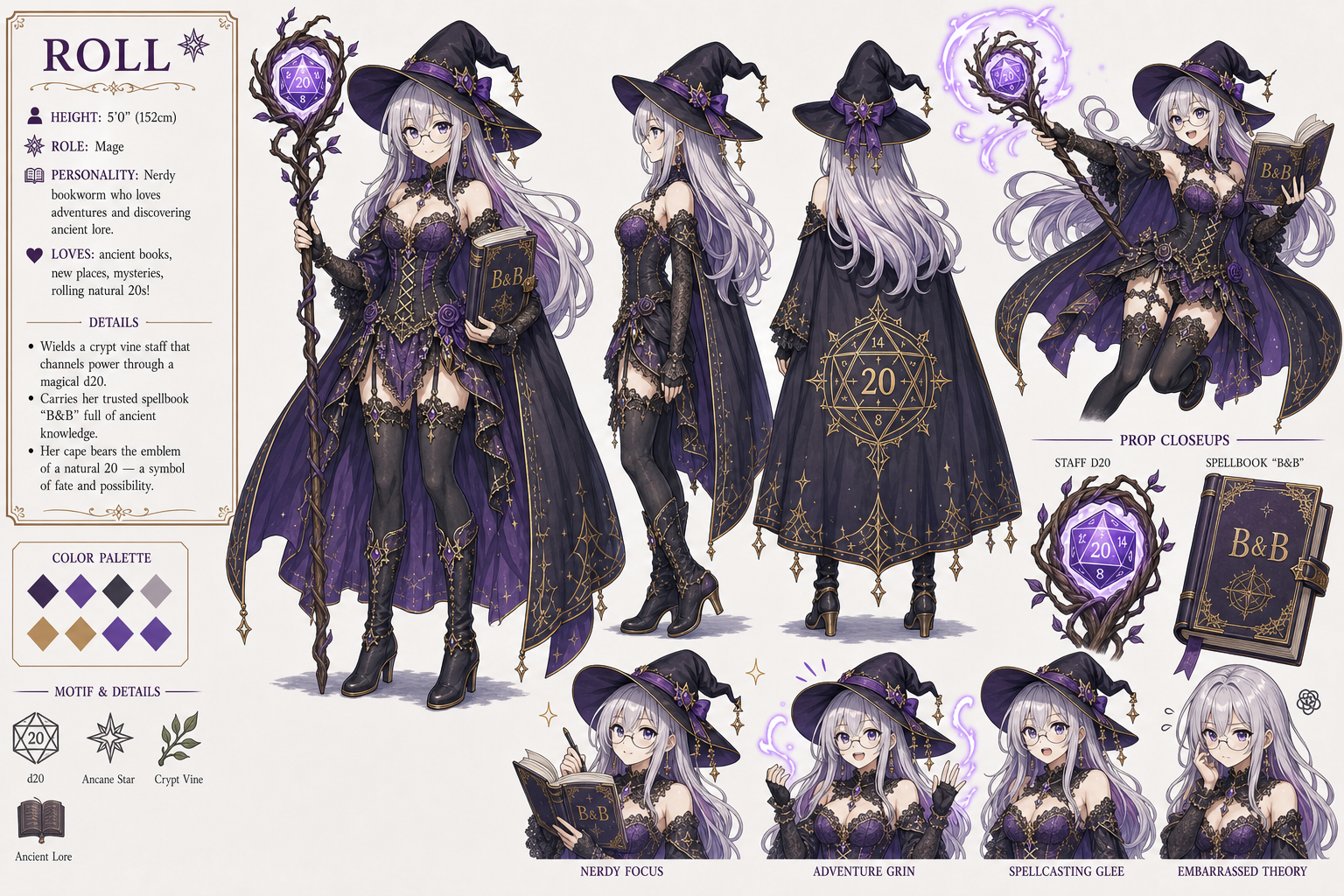 Roll character reference sheet with mage outfit, d20 staff, spellbook, and expression studies