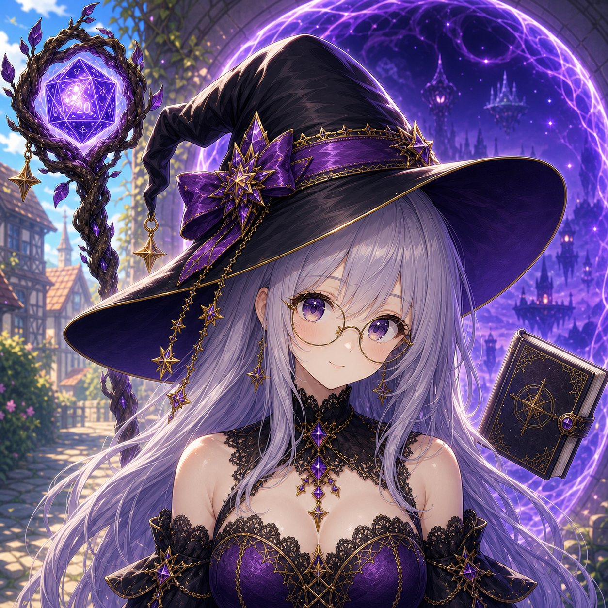 Roll holding her spellbook and d20 staff