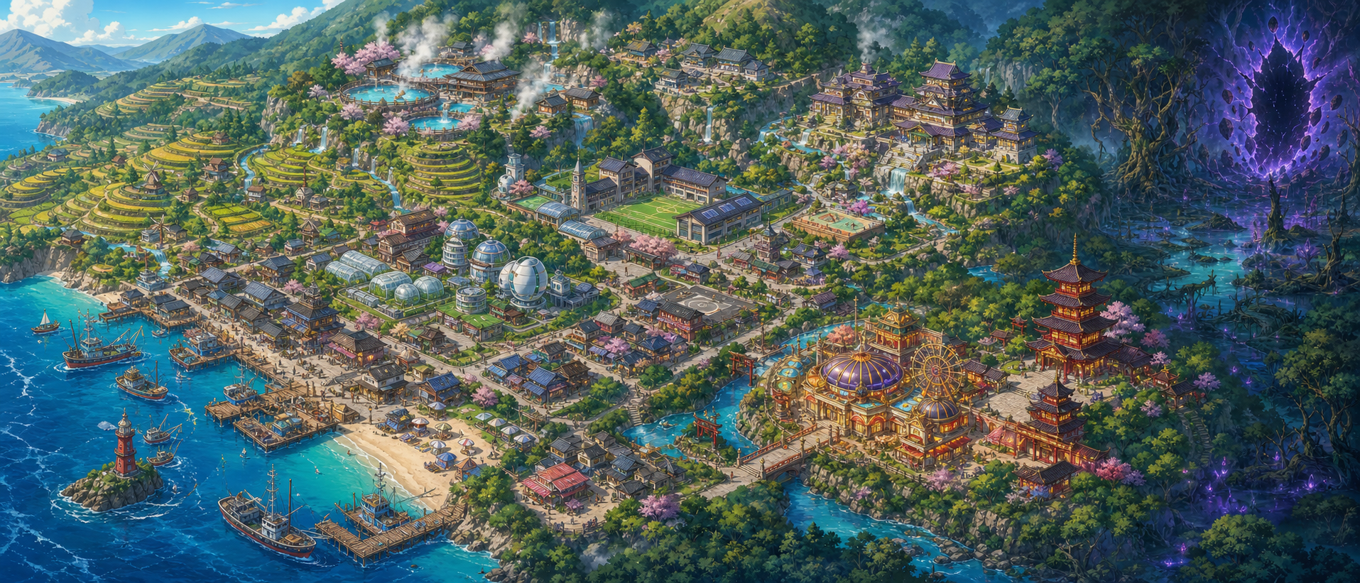 Bustling Jankenmura village with farmlands, port, beach, spa hills, lab, school, casino, clinic, and arena districts