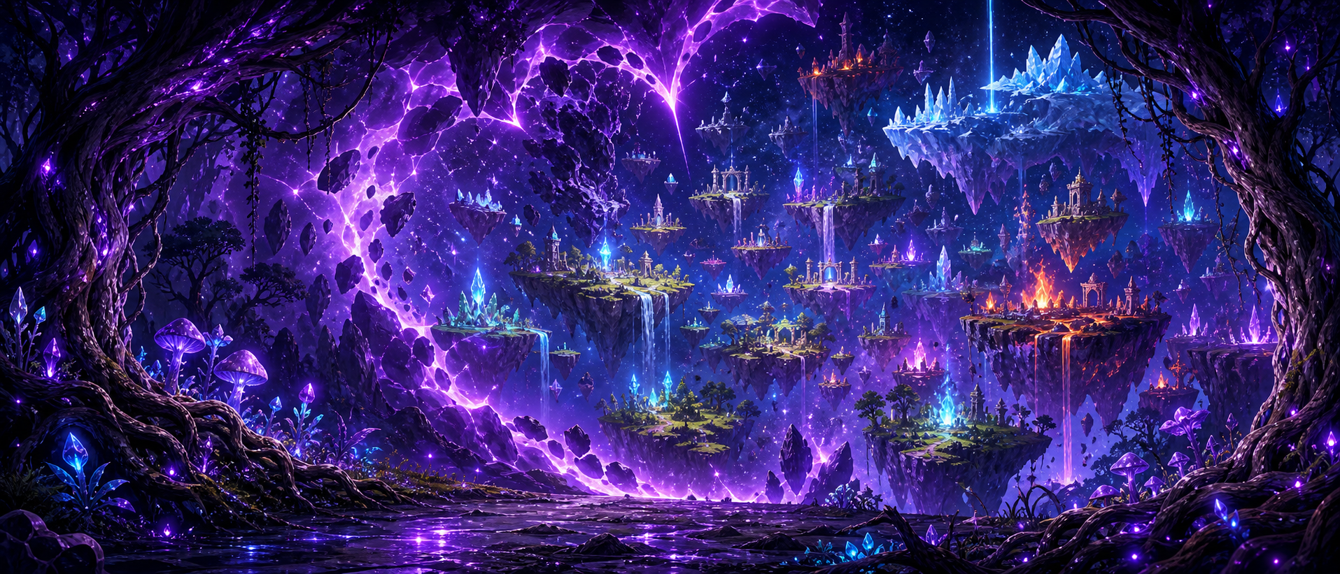Dark forest swamp rupture opening into the Void with floating terrain islands, glowing crystals, challenges, and loot